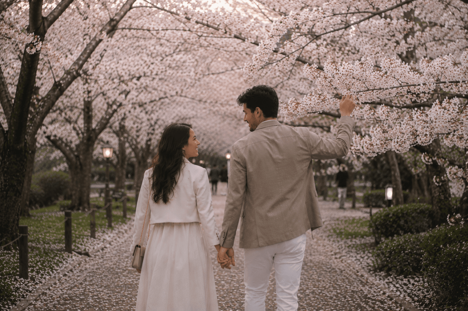 Casal de mãos dadas sob as cerejeiras em flor no Japão